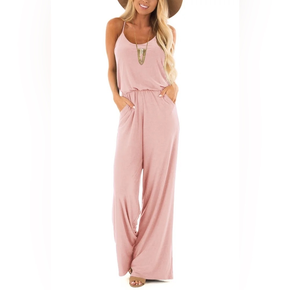 Womens V Neck Sleeveless Spaghetti Strap Wide Leg Jumpsuit Romper Pink L